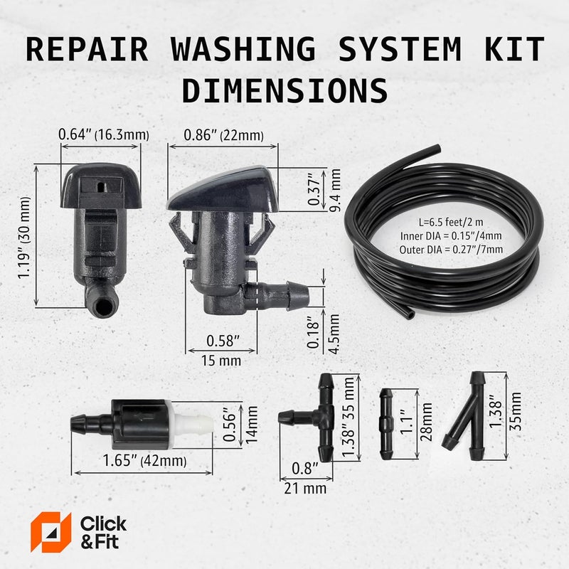 Click&Fit طقم إصلاح فوهات غسيل الزجاج الأمامي متوافق مع فورد فوكاس 2008-2011، إيدج، F-250 350 450، موستانج من 2008 إلى 2016 - فوهات المساحات تستبدل BC3Z17603A، صمامات فحص، خرطوم، موصلات - Image 5